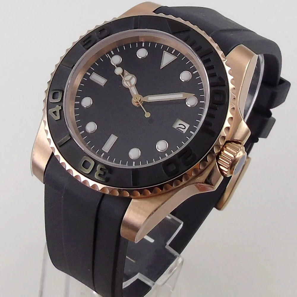 40 mm Roségold Japan NH35A PT5000 Automatik-Herrenuhr, Saphirglas, gebogenes Ende, Kautschukarmband, leuchtendes schwarzes Zifferblatt