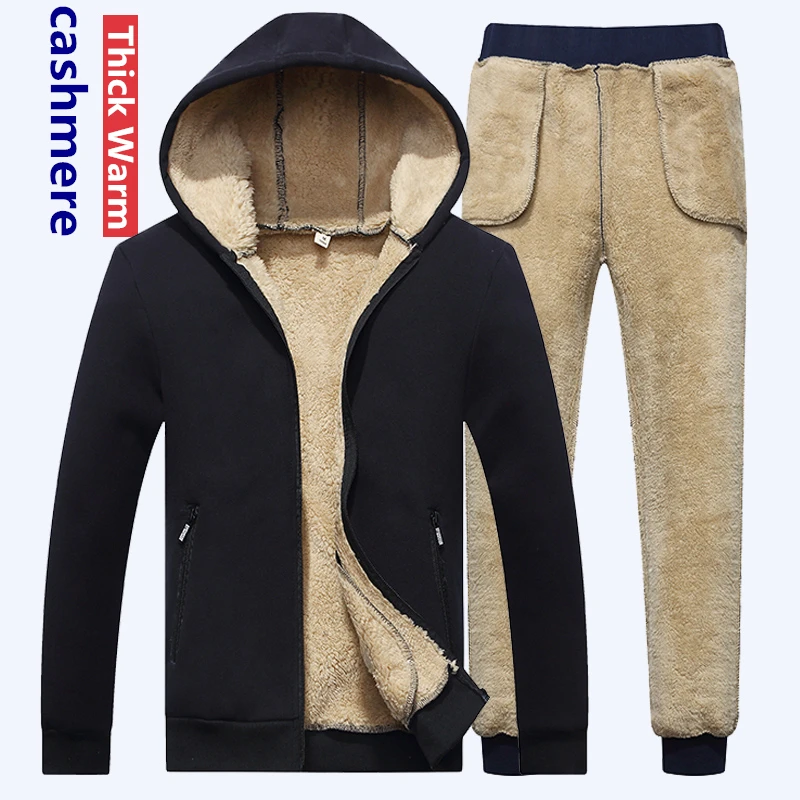 Mens Lamb cashmere Sets Tracksuit Men Winter wool Hooded Sweatshirt Thick Warm Sportswear Male Suit Two Piece Set Casual Sets