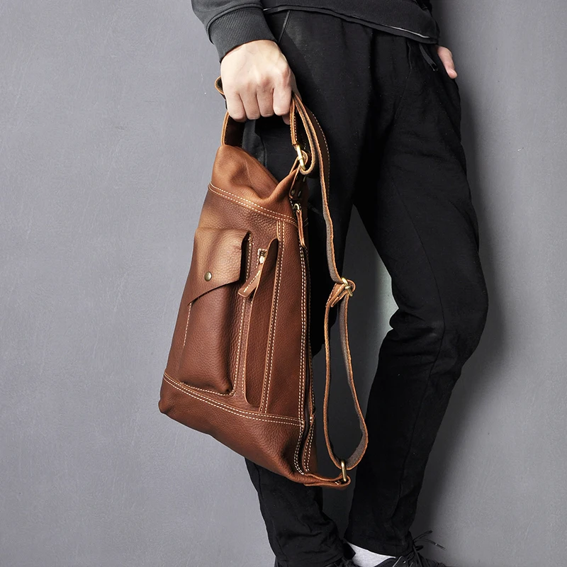 Men Original Crazy horse Leather Casual Fashion Crossbody Chest Sling Bag Design Travel One Shoulder Bag Daypack Male 2329