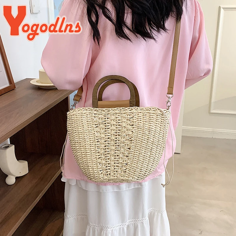 Summer Straw Bucket Bag Female Large Capacity Beach Bags Rattan Handmade Crossbody Bag Vacation Tote Woven Handle Bag