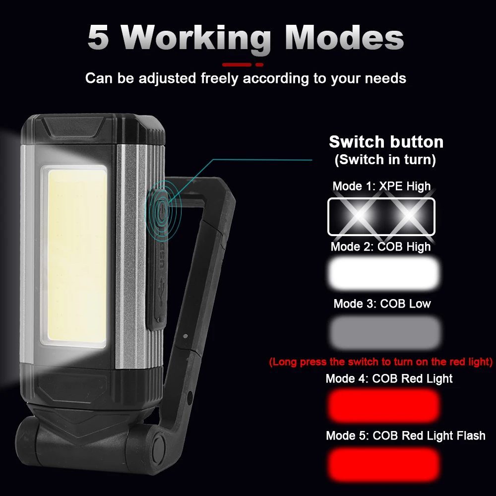 USB Rechargeable COB Work Light Super Bright LED Flashlight Portable Camping Lamp with Tail Magnet Waterproof Adjustable Lantern