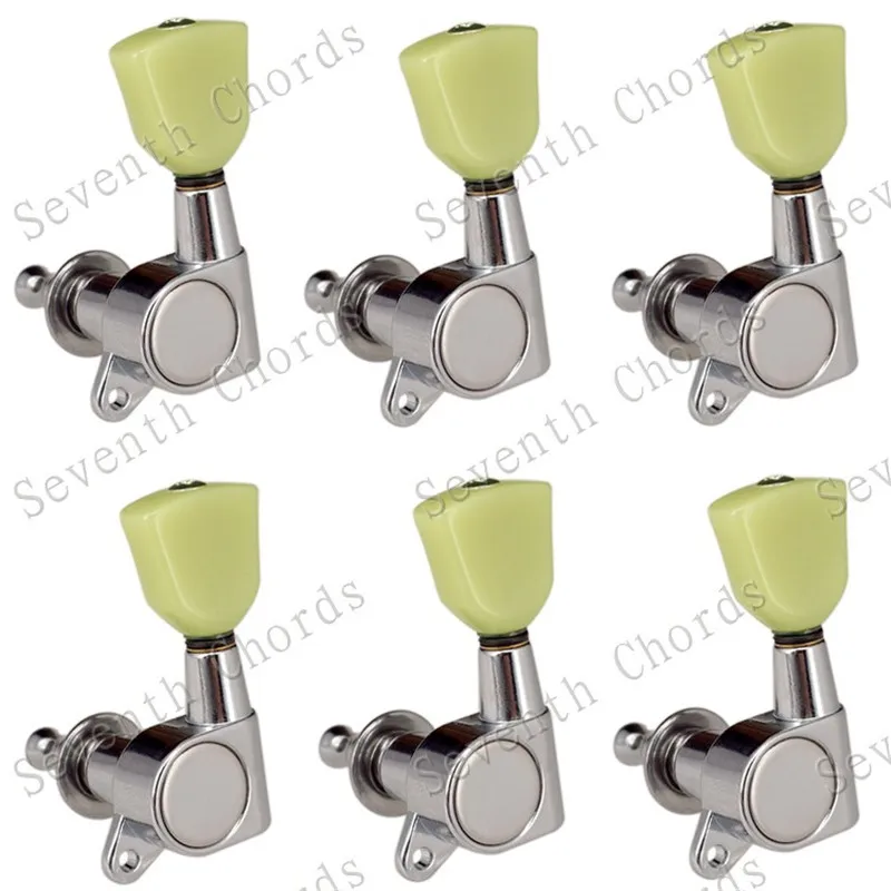 Ein Set mit 6 Stück versiegelten Mechaniken für Gitarren, inklusive Stimmwirbeln, Stimmknöpfen und Trapez-Jade-Grün-Knöpfen, Gitarrenzubehör und -teile. – Detail 9