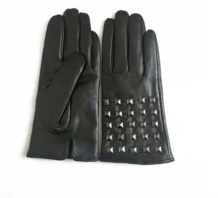 

Women's autumn winter natural sheepskin leather fleece lining warm glove lady's rivet punk touch screen driving glove R2305