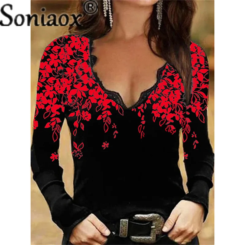 2021 Autumn New Women Sexy Lace V Neck Shirts Tops Floral Print Long-Sleeve T-Shirt Fashion Ladies Casual Loose Street Clothing