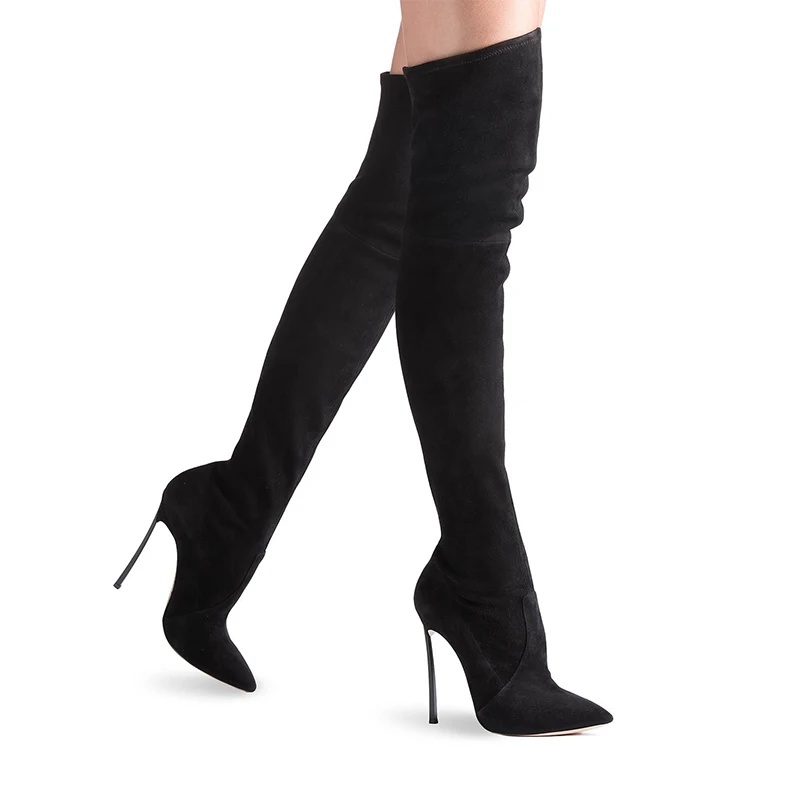 Over The Knee Suede Slim Boots Stretch Fabric Metal Thin High Heel Sexy Pointed Slip On Winter Women Shoes Solid Sexy Boots