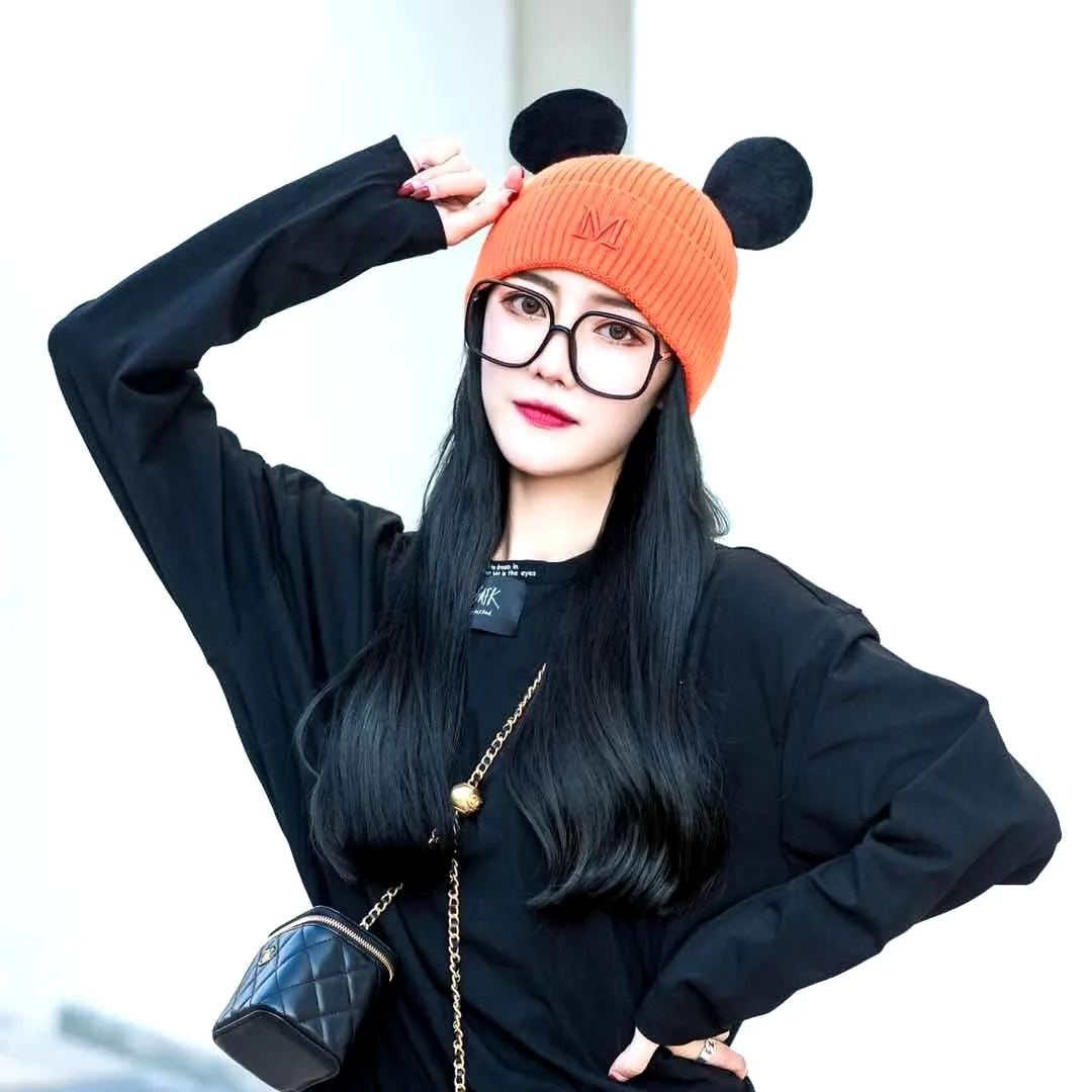 Mickey Autumn and Winter Warm Woolen Hat Cute Mickey Ear Knit Hat M Letter Embroidered Cap Beanie  Winter Hats for Women