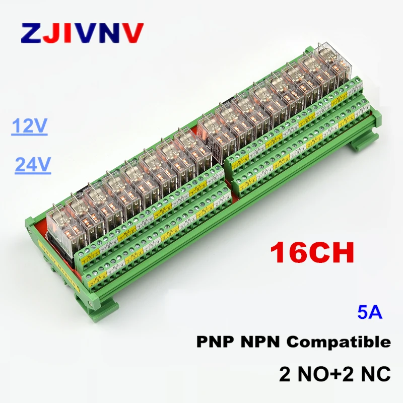 

16 Channels DPDT Interface Relay Module 5a 12/24VDC DIN Rail Panel Mount PNP NPN Compatible 2no+2nc