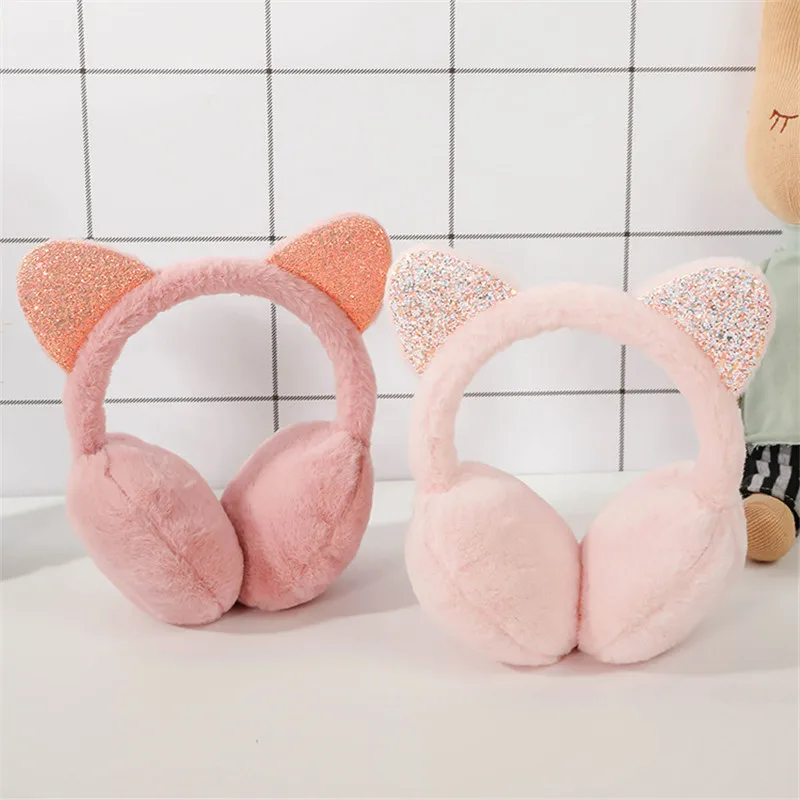 Inverno outono do falso pele earmuff senhoras bonito gato lantejoulas orelha earflap pelúcia quente earmuff para meninas