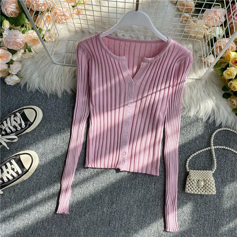 Knitted Tees Solid Black Casual Long Sleeve Vintage Green Tops For Women Pink Mujer Camisetas Striped Tshirt Female Clothing