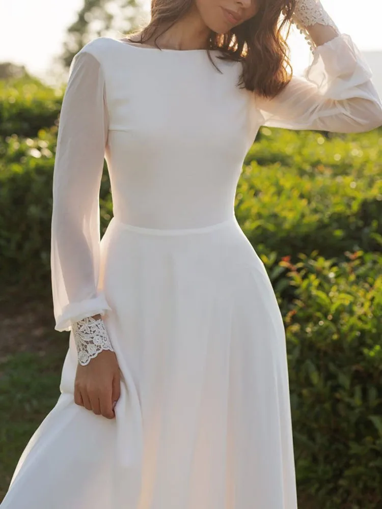 Robe De mariée en dentelle style Boho, Simple, sans cuisson, col Bateau, manches longues, ligne A, 2023