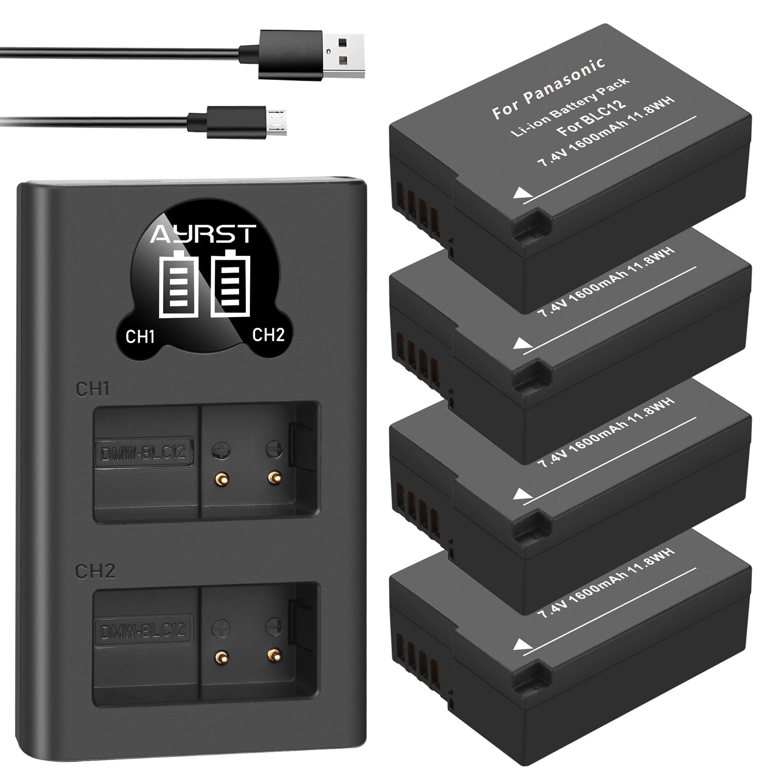 DMW-BLC12 BLC12 DMW-BLC12E DMW-BLC12PP Battery + LED Dual Charger for Panasonic Lumix DMC-G85,FZ200,FZ1000,G5,G6,G7,GH2,GX8