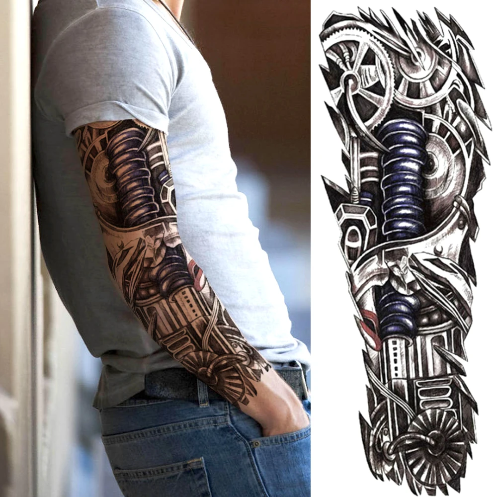 Tatouages à manches temporaires pour hommes, totem maori militaire noir, faux bras complet réaliste, crâne de dragon 3D, loup, robot de discussion, pâte de tatouages
