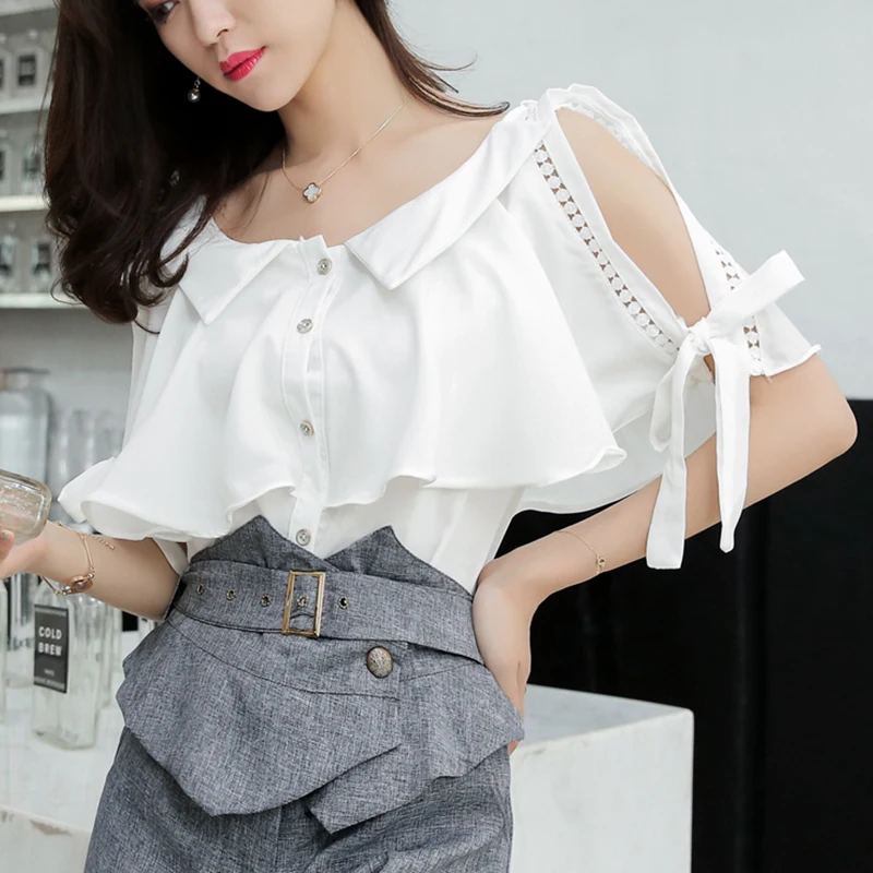 2020 summer new white lapel off-shoulder cloak top slim lapel professional wear women chiffon shirt