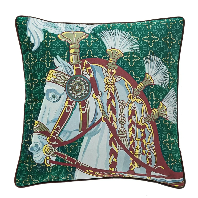 

Vintage European Royaity Horse Cushion Cover Couch Decorative Pillow Case Rustic Green Color Soft Art Home Sofa Chair Coussin