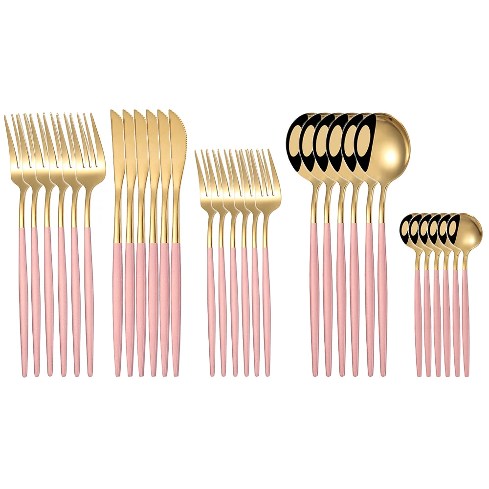 

30Pcs Dinnerware Set Pink Gold Stainless Steel Cutlery Knife Fork Spoon Silverware Set kitchen Party Dinner Tableware Set