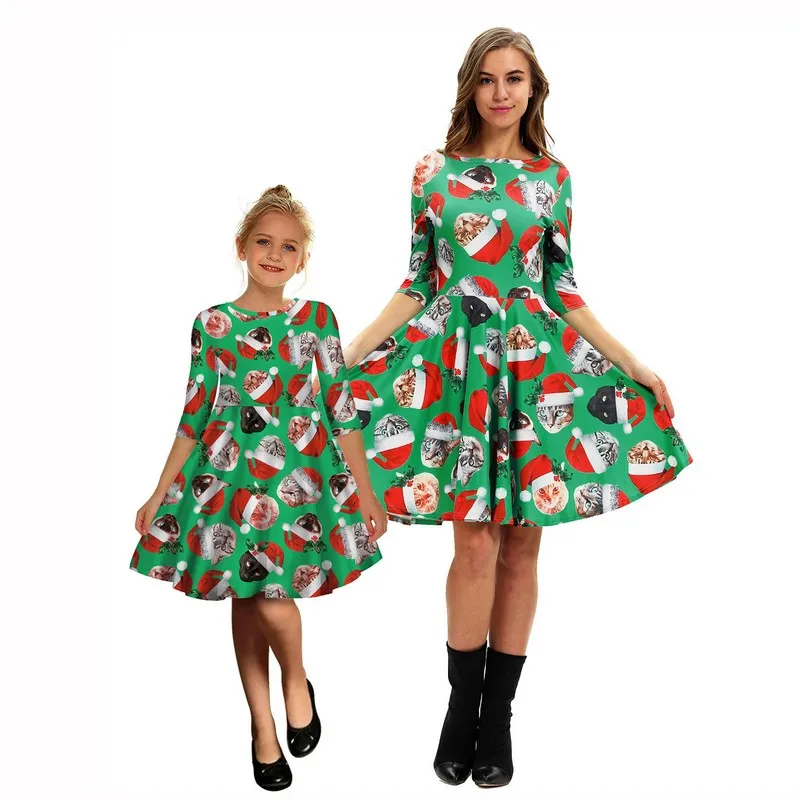 New cat Christmas digital print parent-child dress with sleeves in European and American fashion skirt female trendy fan