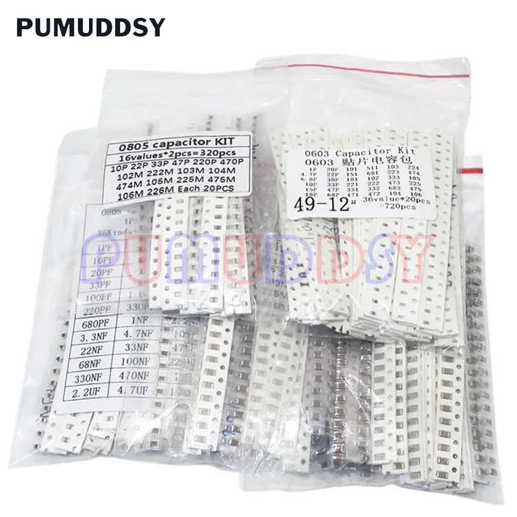 

320PCS 720PCS 2500PCS 0603 0805 1206 SMD Capacitor Kit Assorted Kit 16/36/50Values PUMUDSY 1PF ~ 1UF