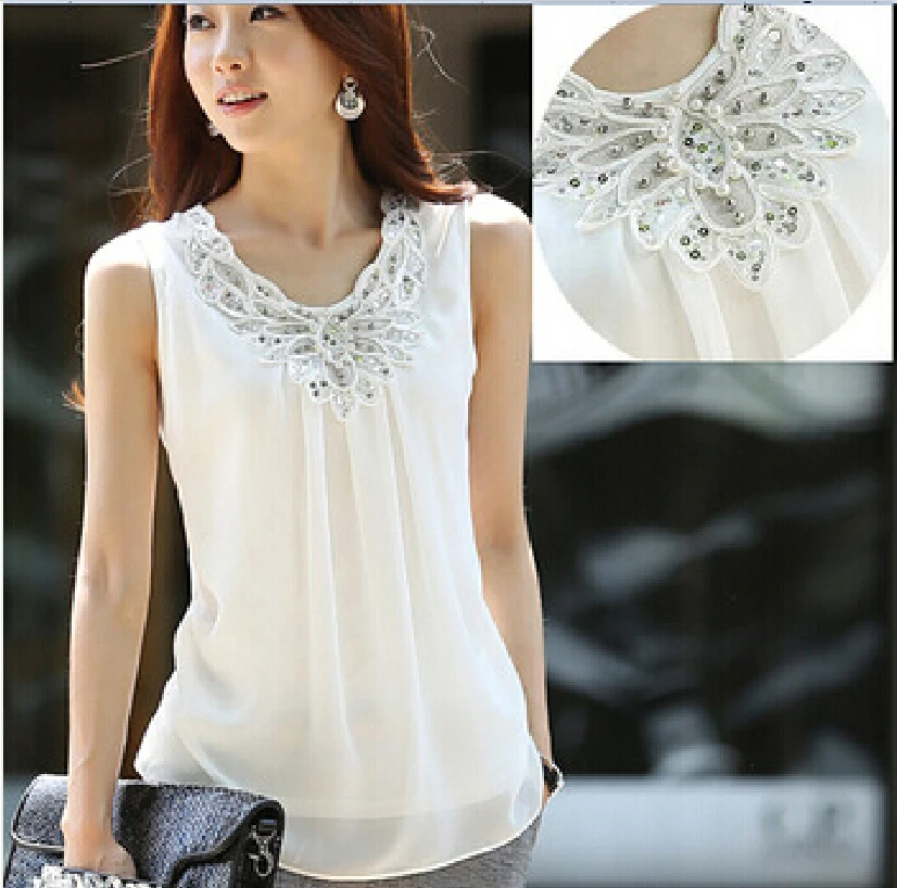 New Women Sleeveless Chiffon Blouse Diamond Folding Casual Lace Crochet Stitching White shirts Plus size S-6XL