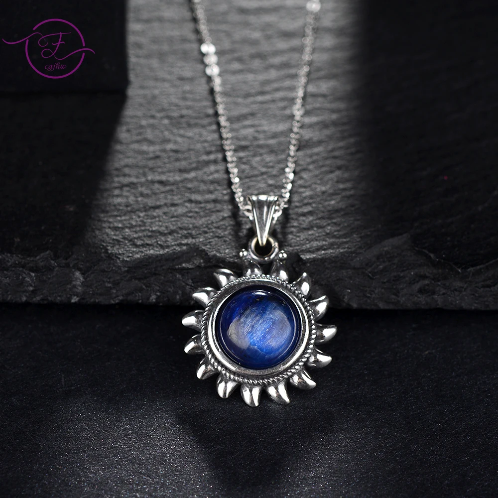 925 Sterling Silver Necklace Natural Kyanite Necklaces for Women Fine Jewelry Gift Sun Shape Vintage Exquisite Pendants