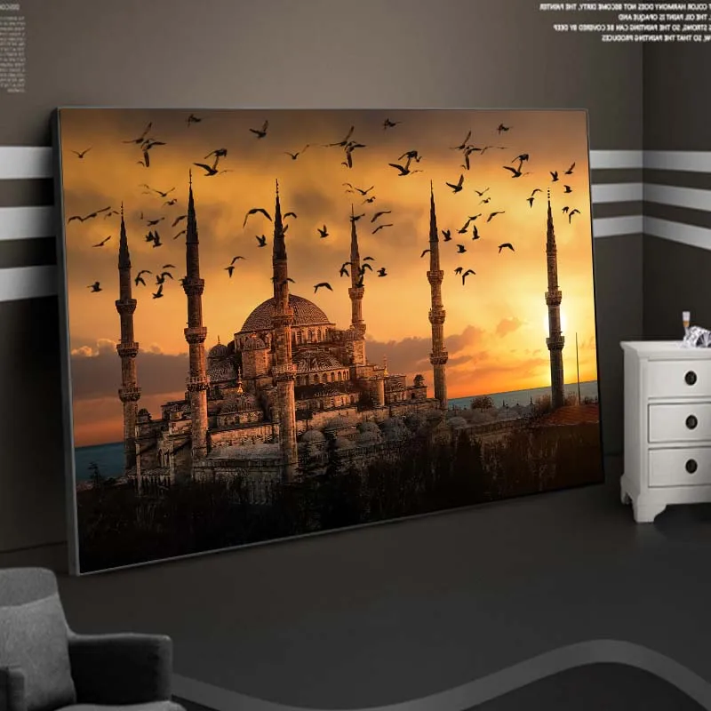 

Muslim Mosque Sunset View Canvas Paintings on The Wall Art Posters Islamic Art Realistic Landscape Decorative Pictures Cuadros