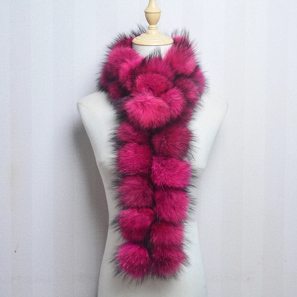 New Style Fashion Luxury Women Real Raccoon Fur Scarves Pompom Lady Winter Warm Natural Fox Fur Scarf Fluffy Genuine Fur Muffler