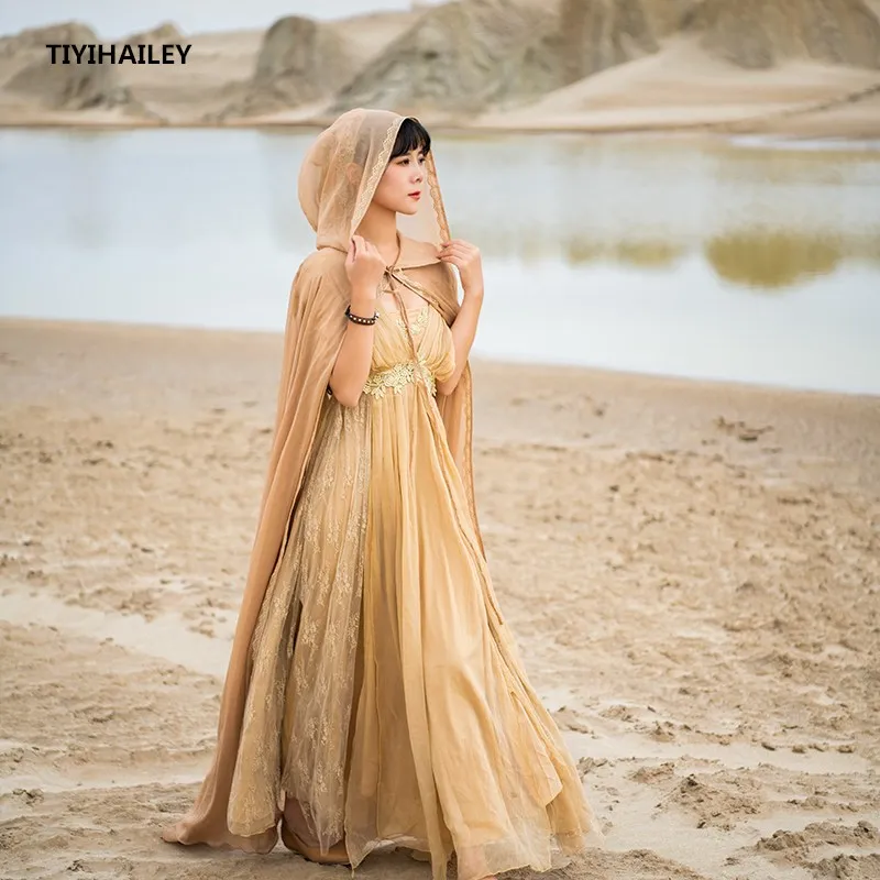 TIYIHAILEY Free Shipping 2021 Vintage Chiffon Cloak Spring Summer Outerwear Hooded Loose Long Maxi Beige Witch Cardigan Lace