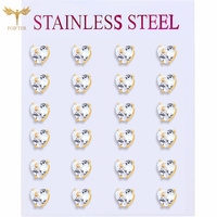 12 Pairs Pack Love Heart Crystal Earrings Set Wholesale Golden Stainless Steel Jewelry White Zircon Ear Studs Women Men Gifts