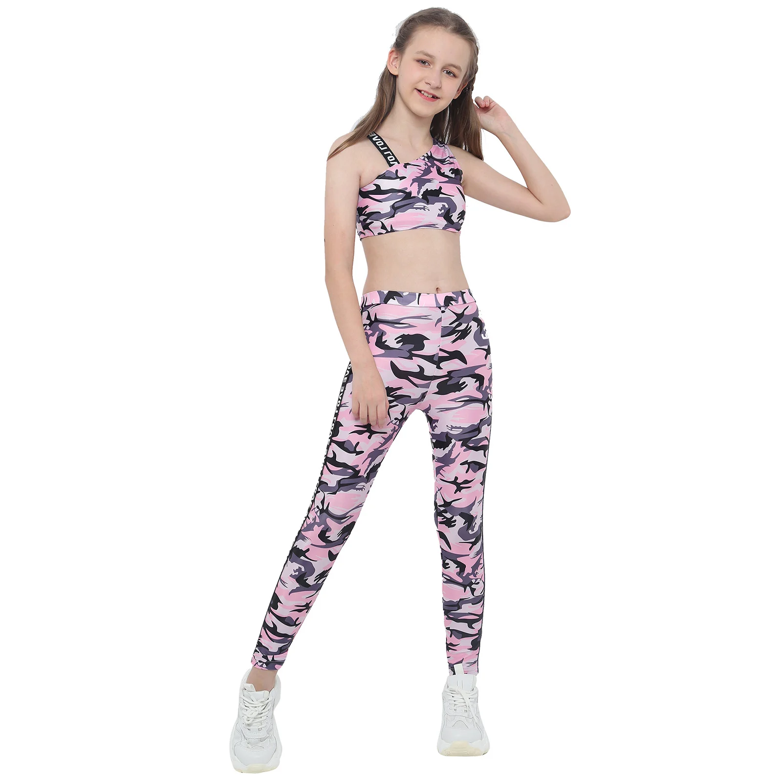 Kids Teens Sports Suits Crop Top with Leggings Pants 2 Pieces Sets Girls Gymnastics Ballet Dance Wear Camouflage Print Tracksuit