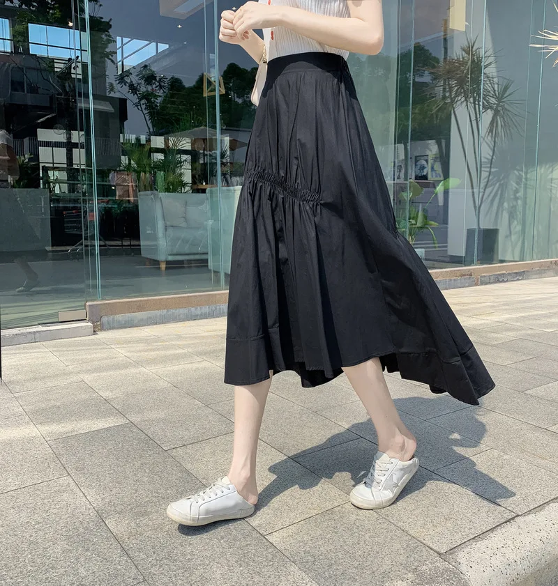 Young Style Black Irregular Folded Women's Summer High Waist A- Character For Women Pleated School Girl cotton Long big Skirts