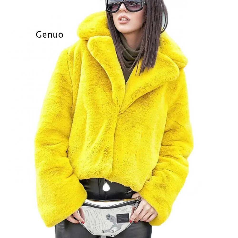 2021 New Winter Women\'s Jacket Faux Rabbit Fur Coat Turn Down Collar Fashion Thick Warm Rabbit Fur Coats Furry Cropped Jacket