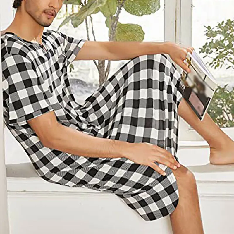 Fashion New Loose Plaid Printed Men Pajamas Short-sleeved V-neck Casual Homewear One-piece Nightdress Adult Onesie Mens Jumpsuit