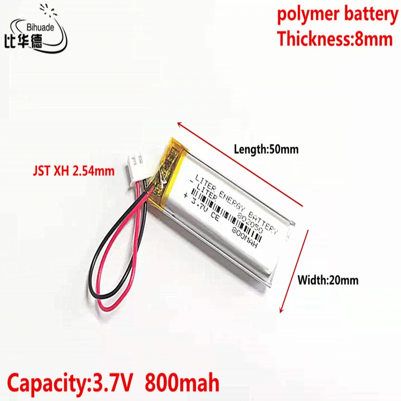 3.7V 800MAH 802050   JST XH 2,54 mm akumulator litowo-polimerowy LiPo do słuchawek Mp3 PAD DVD kamera bluetooth