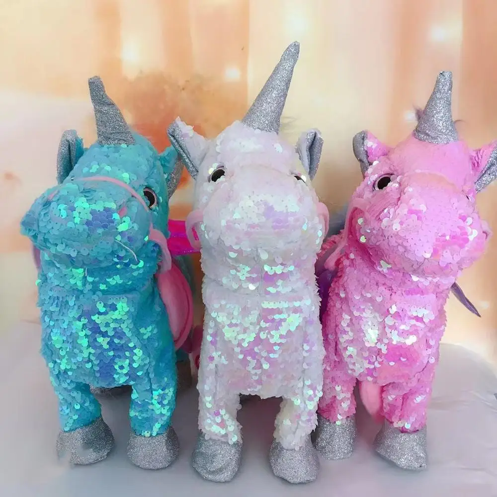 Unicornio eléctrico de lentejuelas para niños, juguetes de peluche de animales de peluche, música electrónica, regalo, novedad de 2019