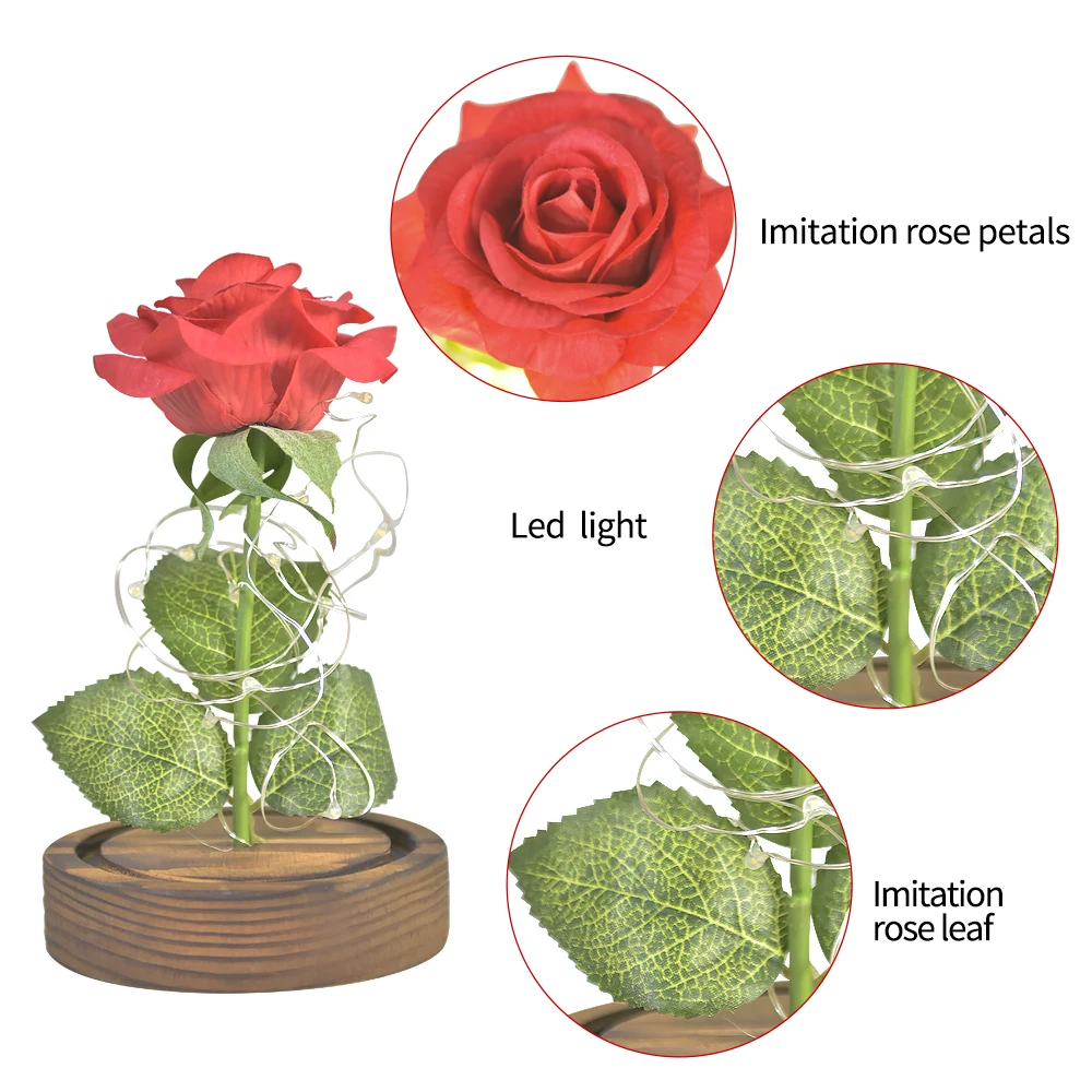 Valentine Beauty and The Beast Artificial Flowers Eternal Rose In Glass Dome with Led Light Romantic Mother\' Day Gifts for Women