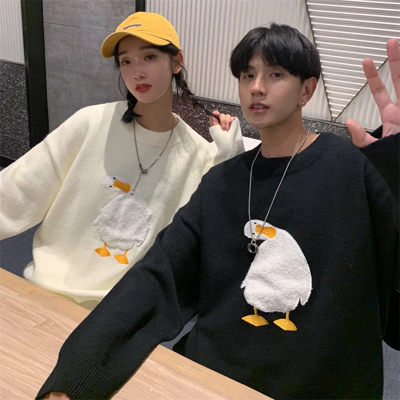 FAVRE Cute Duck Goose Sweater Men Woman Round Neck Cartoon Pullover Sweaters Japanese Style Casual Loose Couple Jumpers Tops