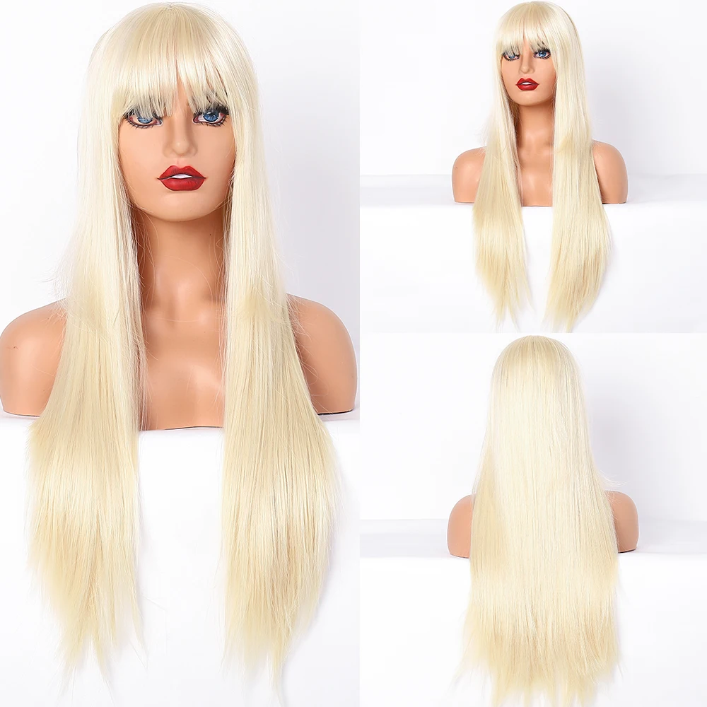 

GEECSKOL OVE-Long Straight Synthetic Wigs Women's Blonde High Temperature Wig with Bangs Red Wigs for Cosplay Party