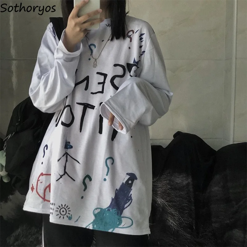 Long Sleeve T-shirts Women Letter Printing Ins BF Tops Womens Chic Trendy All-match Retro Loose Tees Female Casual Ulzzang Daily