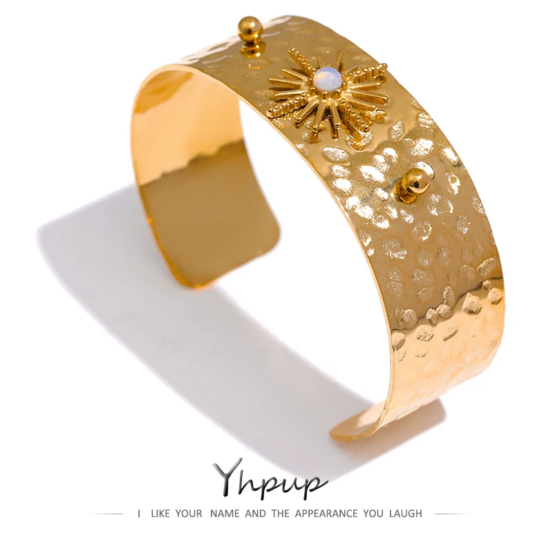 Yhpup Celestial Resin Cuff Bangle Bracelet Stainless Steel Gold Color Texture Fashion Chic Jewelry Gala Gift  Waterproof