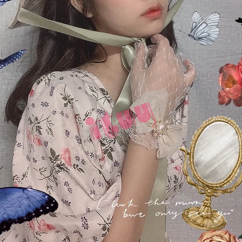 Handmade Lolita Spitze Handschuhe Japanischen Süßen Mädchen Tee Party Hochzeit Braut Wunderschöne Sommer Bogen Perle Spitze Handschuhe Fäustlinge Zubehör