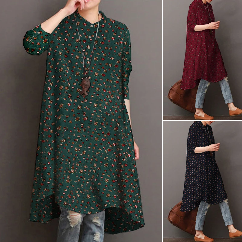 2023 ZANZEA Autumn Women\'s Floral Blouses Elegant Shirt Vestidos Casual Long Sleeve Long Tops Female Printed Tunic