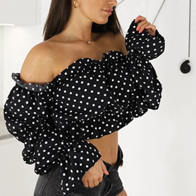 2021 Candy Color Off Shoulder Crop Tops women Summer dot print lantern sleeve shirts Lady Sexy Slash neck beach blouse