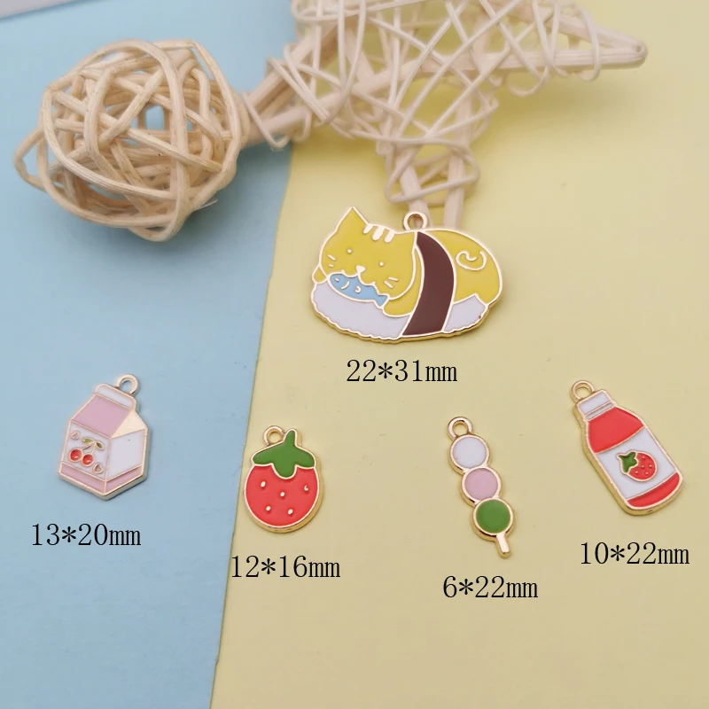 10pcs Enamel Metal Charms Rock Sugar Gourd Sushi Cat Strawberry Charms Pendants Fit Fashion Jewelry Earring Bracelet DIY Dangle