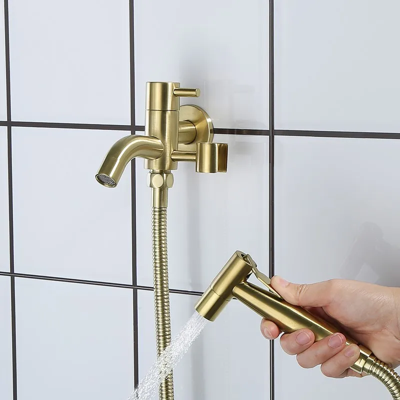 

Luxury Brushed gold SUS304 stainless steel bidet spray set with wall mounted brass single cold faucet 1.5m shower hose