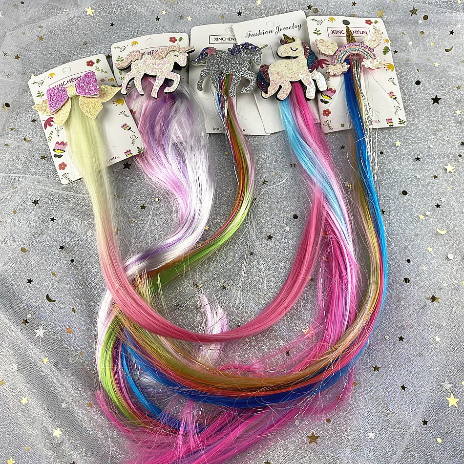 Girls Rainbow Wig Hair Clip Unicorn Sequins Bow Princess Hairpin Baby Butterfly Barrette Kid Kawaii Hairclip Hair Accessorie