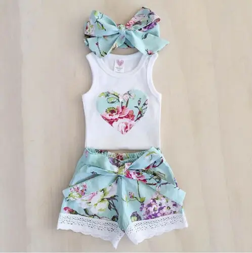 New 3Pcs Girls Summer Clothing Set Toddler Clothes Baby Floral Vest Tops +Lace Shorts Outfits Girl Flower Set