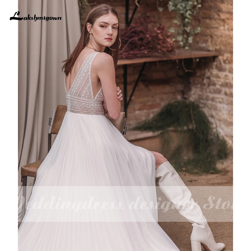 Lakshmigown Sexy Bohemian Wedding Dresses 2021 Vestido Novia V Neck Pleated Chiffon Bridal Wedding Gown Side Slit robe de mariee