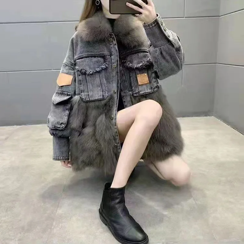 Casual Denim Jacket Women Winter New Fashion Denim Imitation Fox Fur Stitching Fur Coat Parkas Oversized Workwear Thick Outwear