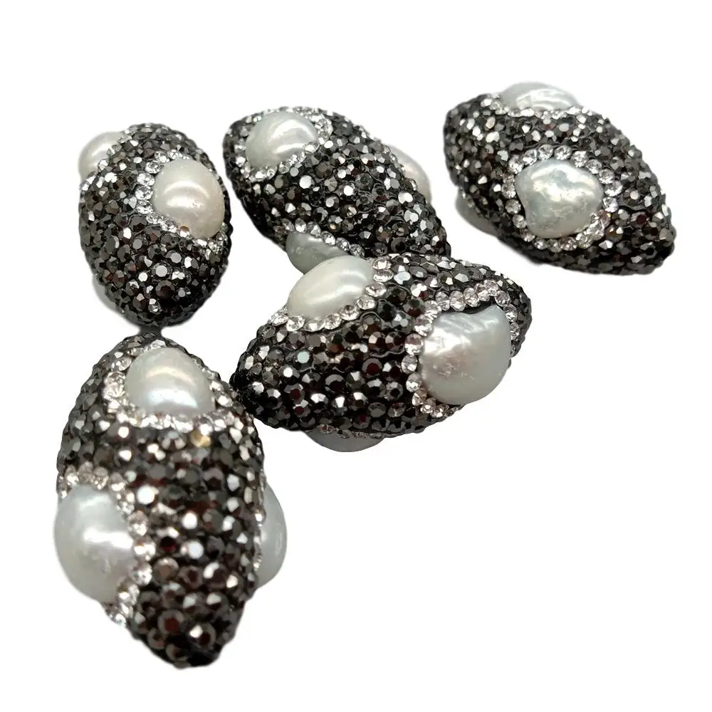 

5PCS 17x31mm Olivary Cultured White Pearl BeadsTrimmed With Black Rhinestone DIY