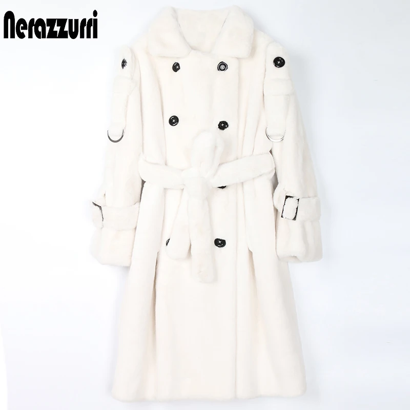 Nerazzurri Long Warm Thick Soft Fluffy Faux Fur Trench Coat for Women 2022 Double Breasted Pink White Green Winter Fashion Belt