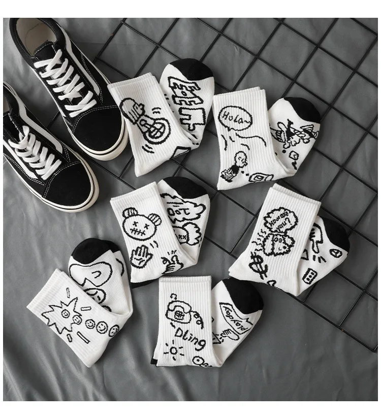 Japanese Cotton Linen Cartoon Pattern Hip-hop Style Breathable Funny Skateboard Funny Pattern 1 Pair Of Men's Socks Spring